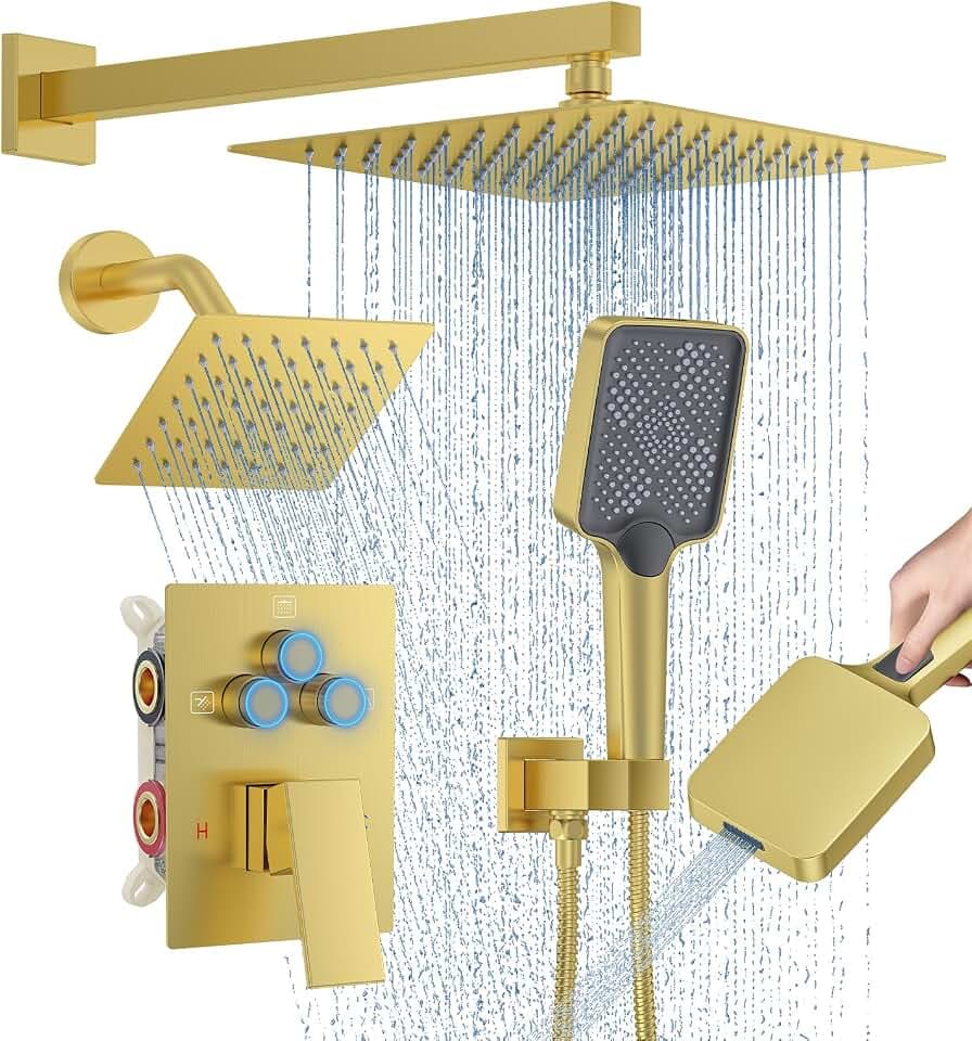 Woindo Shower Faucet Set, 10" Wall Mount Rainfall Shower System with 2 Rain Shower Head and Multi-function Handheld Head Push Button Diverter Shower Faucet Trim Kit