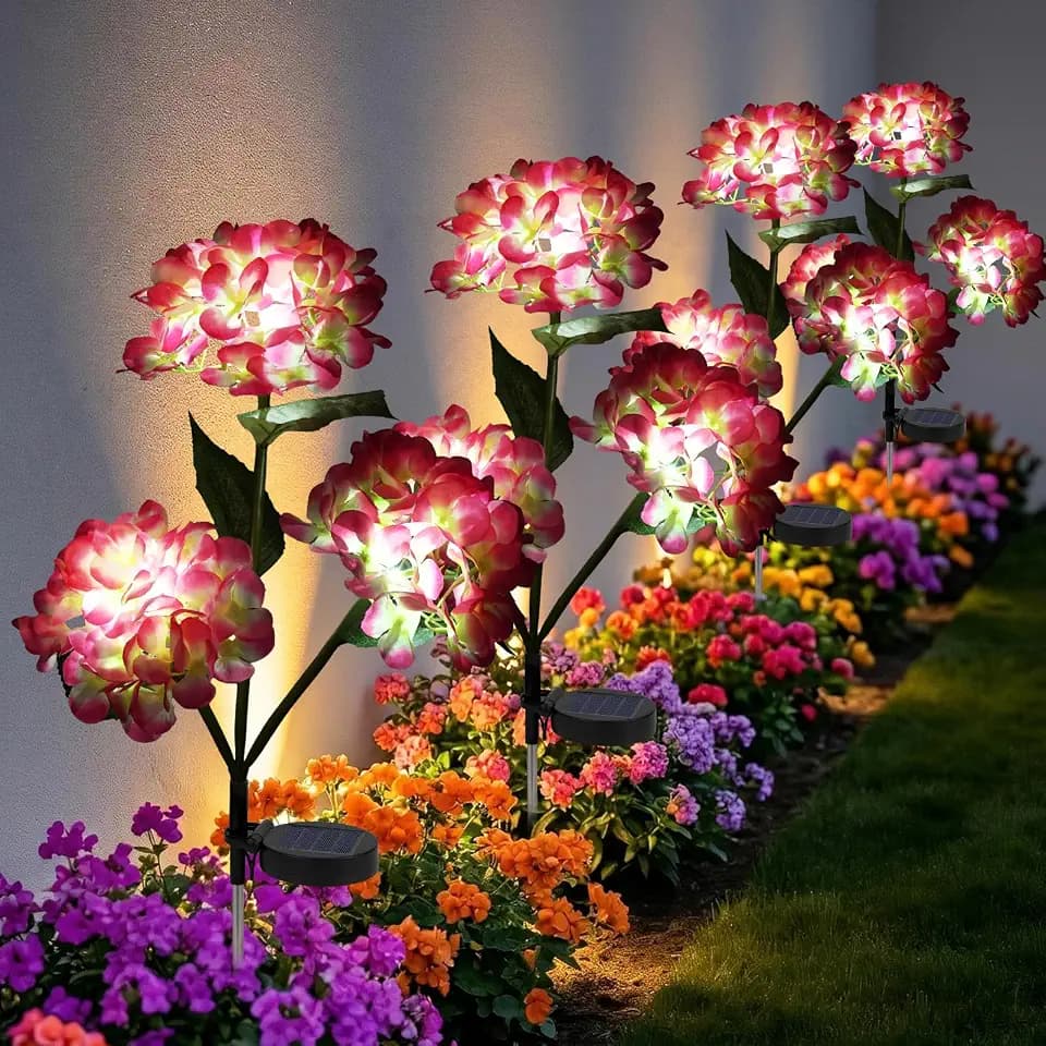 Solar Garden Lights 4 Pack, LED Pink Hydrangea Waterproof Auto On/Off