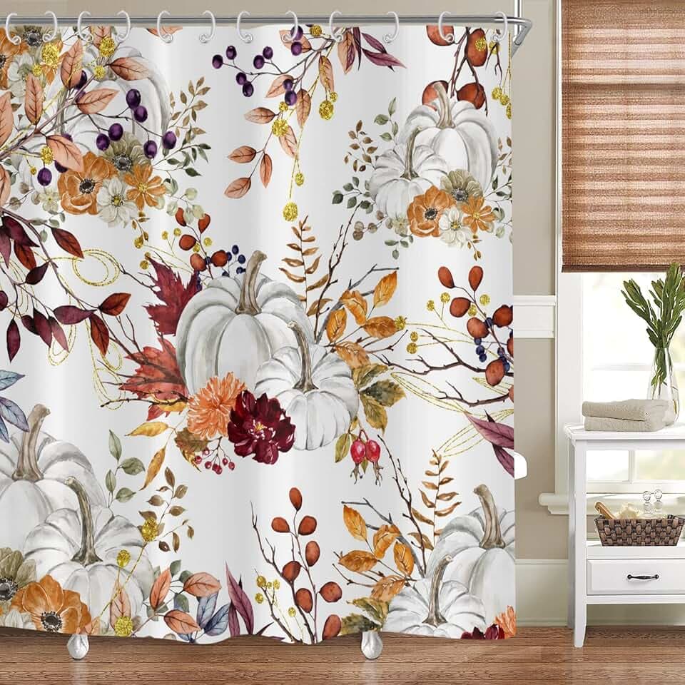 Autumn Pumpkin Shower Curtain, Fall Thanksgiving Harvest Watercolor Floral Pumpkin Boho Bathroom Curtain Home Bathtub Decor Waterproof Fabric Machine Washable with 12 Hooks,72"X72"