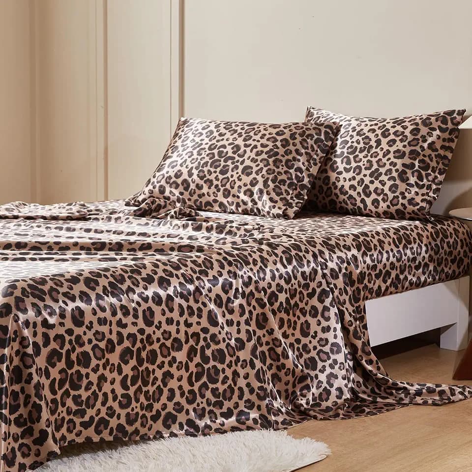 MR&HM Satin Sheets King Size with Elastic Corner Straps, Brown Leopard