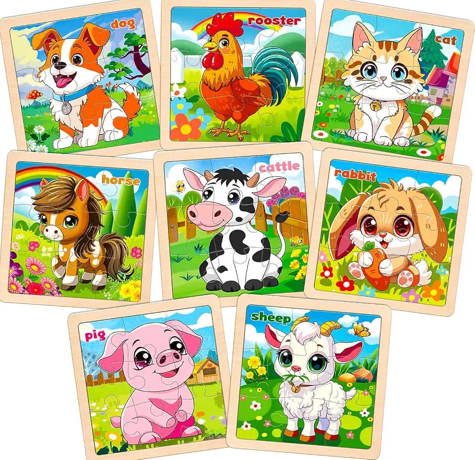 Wooden Farm Puzzles for Toddlers, 8 Pack 9 PCS Jigsaw Puzzles for Kids