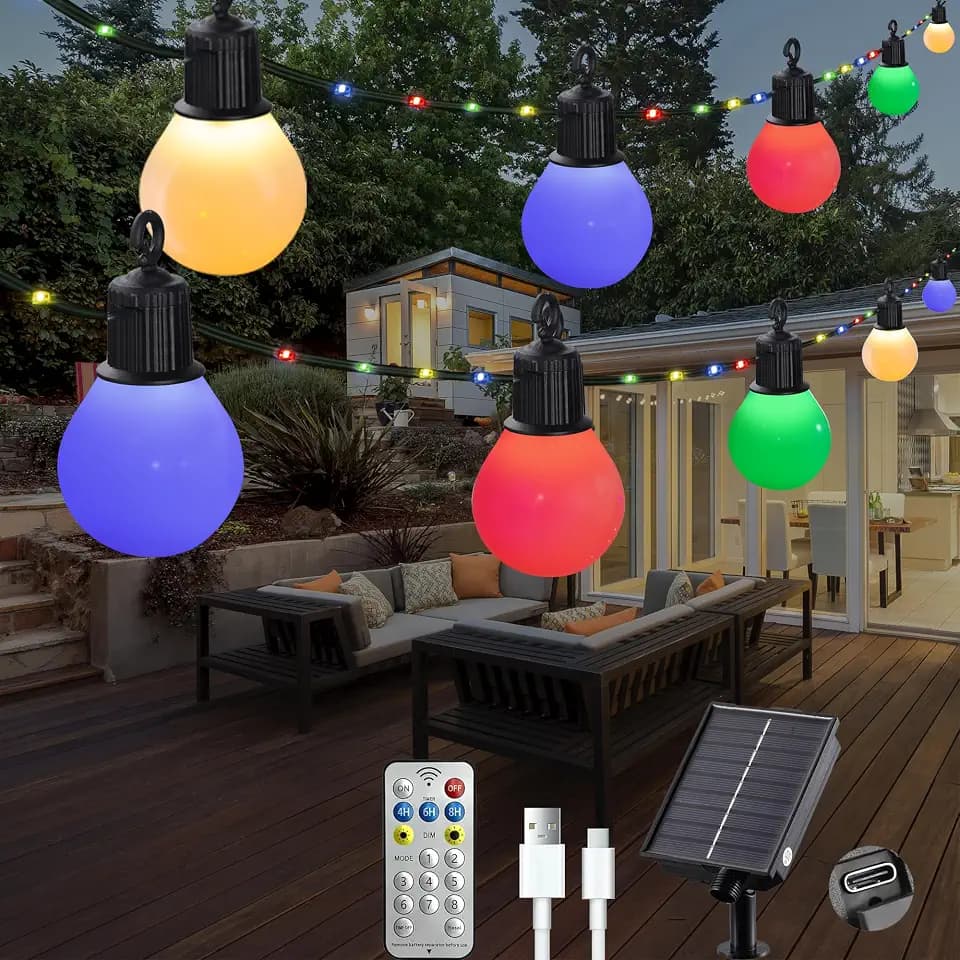 Solar Lichterkette Aussen mit 20 Glühbirnen- 10m 100 led Außen Gärten Solar mit Fernbedienung, Wetterfest,USB-aufladung, Solarlichterkette für Outdoor Balkon Deko (Bunt)