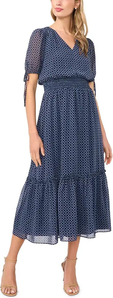 CeCe Women's Tie Sleeve Smocked Waist Midi Dress