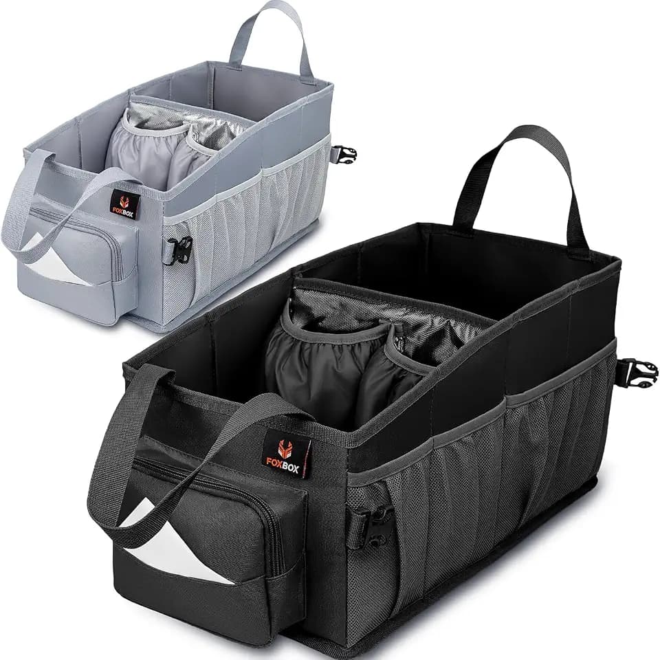 FoxBox Car Seat and Trunk Organizer, SUV Front or Back Seat Storage - Passenger Floor, Under or Between Seats Organization, Car Gifts for Men and Women (Black)