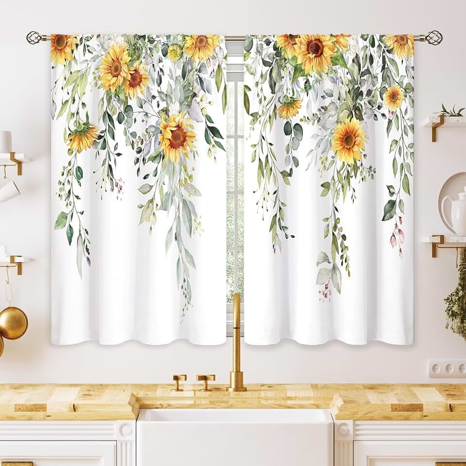 Eucalyptus Botanical Leaves Yellow Sunflower Floral Kitchen Window Curtains Flower Plant Small Window Treatment Sage Green Cafe Short Curtains for Bathroom Treatment Tier Drapes 27.9x39 inch
