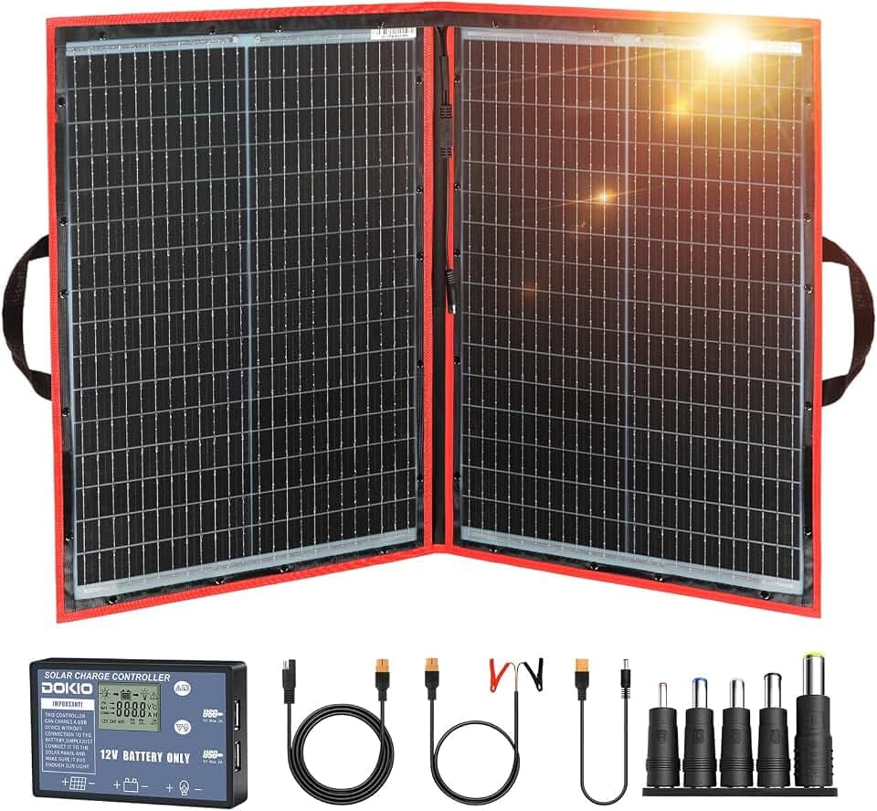 DOKIO 100W Portable Foldable Solar Panel Kit for 12V Battery Charging