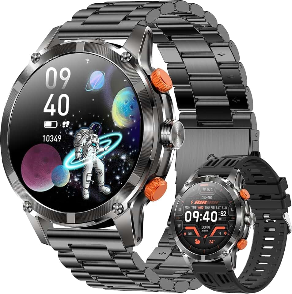 1,7” AMOLED Rund Smartwatch Herren mit Telefonfunktion, 530mAh Batterie, 5ATM Wasserdichte Fitnessuhr mit Taschenlampe, Schrittzähler SpO2, 123 Sportmodi, Aktivitätstracker für Android iOS (Schwarz)