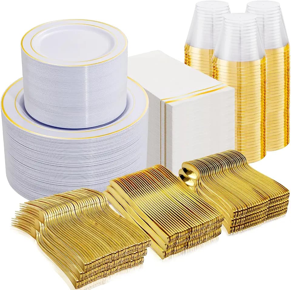 NOCCUR 700PCS Gold Plastic Plates - Gold Disposable Dinnerware Set for 100 - Include 200 Dinner/Dessert Plates, 300 Cutlery, 100 Cups, 100 Napkins, Idea for Wedding/Party/Fall/Thanksgiving