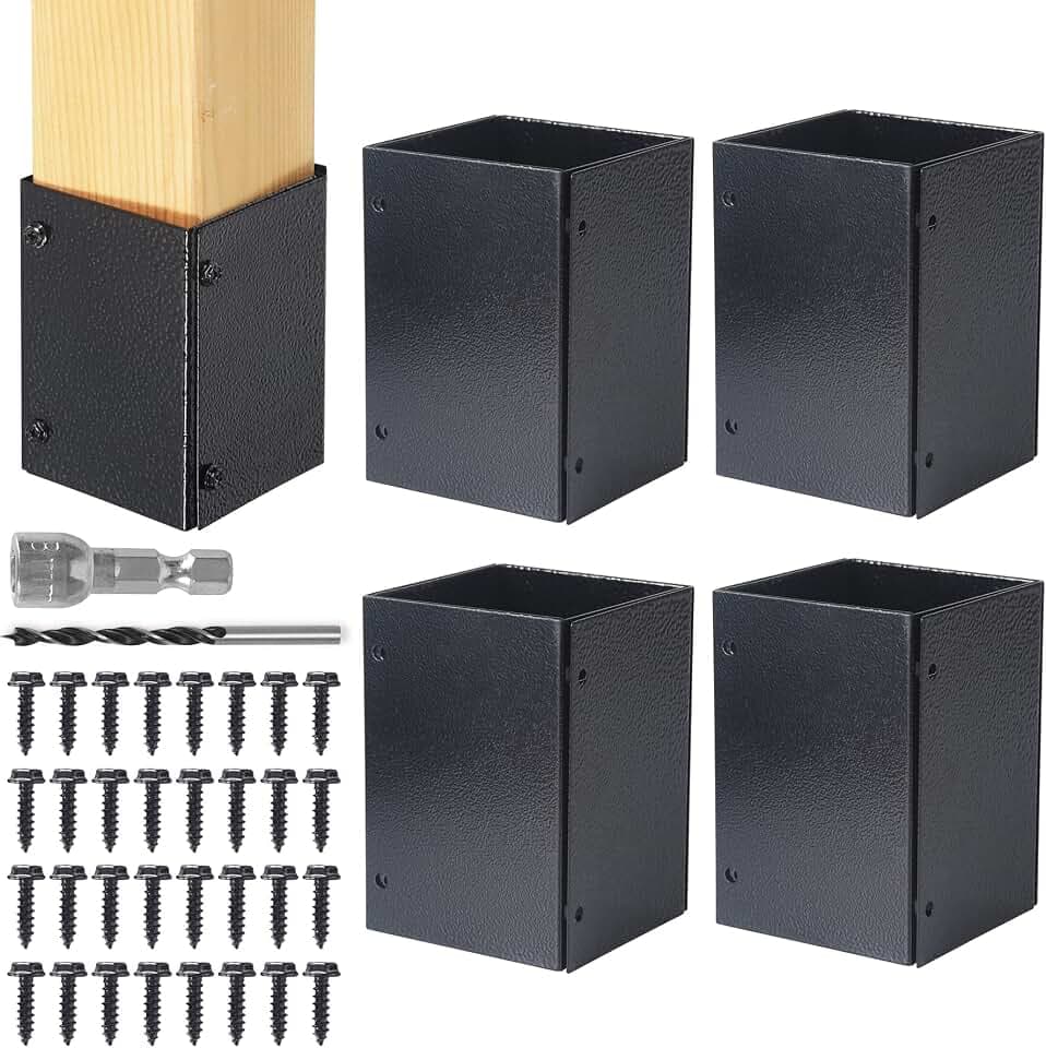 Stainless Steel Adjustable (Range 3.3"-6") Post Protector, Protects Wooden Mailboxes and Fences from Lawnmower and rain Damage (Black, 4 Set)
