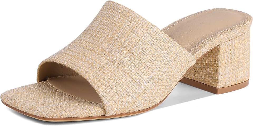 MeiLuSi Raffia Heeled Sandals for Women Chunky Block Heeled Mules Summer
