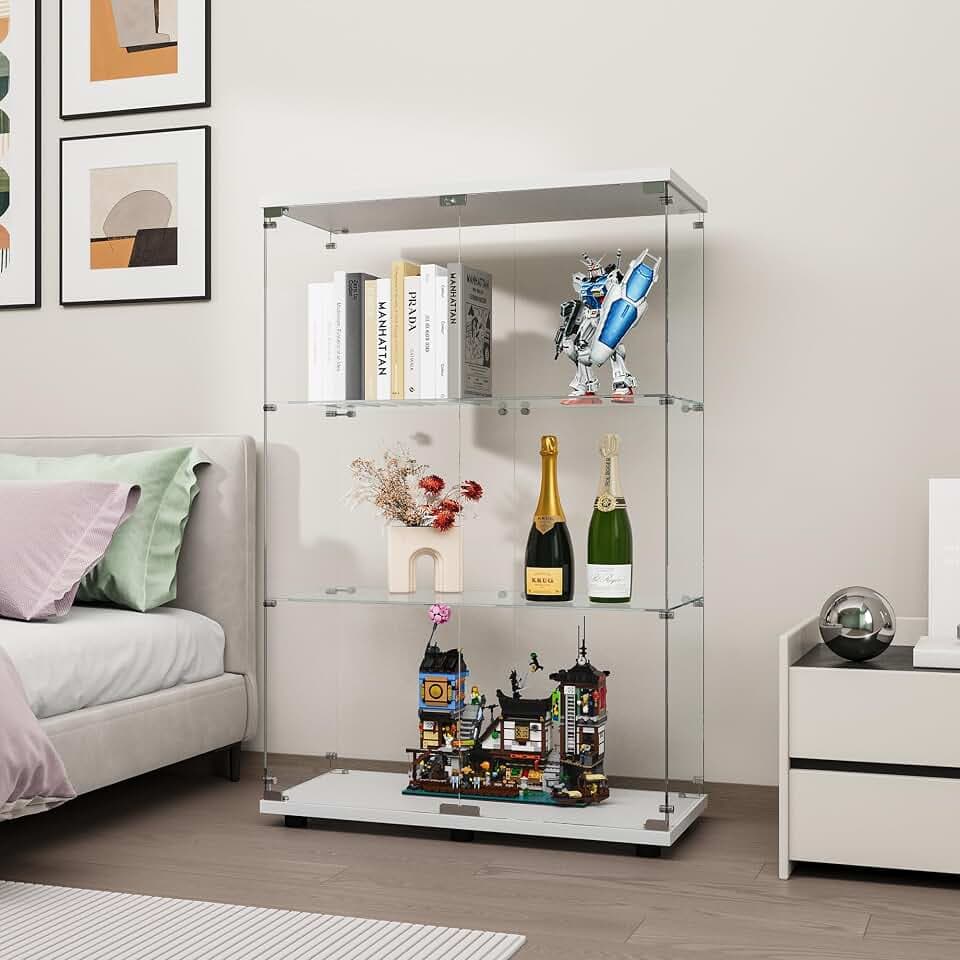 FANYUSHOW Glasvitrine Standvitrine in Weiß, Modern Glas Holz Vitrine Sammlervitrine Vitrinenschrank mit 3 Böden für Sammlerstücke Bücher Wein, für Büro Wohnzimmer Küche, 125 x 79 x 36.5 cm