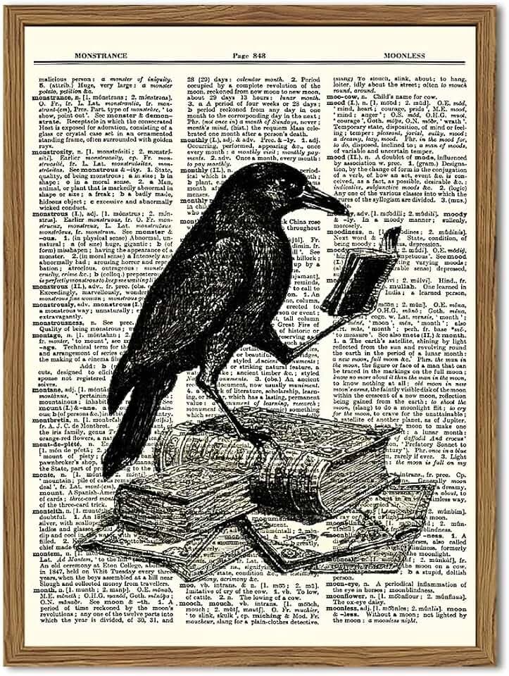 Funny Black Crow Reading Books Wall Art Vintage Raven Wall Decor Picture Dark Academia Animal Poster Canvas Print for Bedroom Living Room 16x24 inch Wood Framed