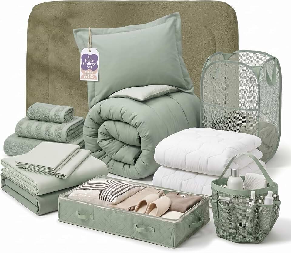 Hearth & Harbor 14 Piece Complete Dorm Room Set, Twin XL Comforter Set, Includes Sheet Set, Mattress Protector, Headboard, Towels & Organizers - All Dorm Accessories Included