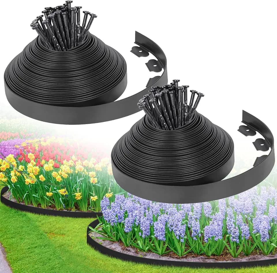 2-Inch x 100 FT Landscape Edging Border with 150 Stakes, Plastic Edging for Landscaping Garden Edging Border, Flexible Landscaping Edging for Garden Flower Beds Yard Lawn Pathway Paver (Black)