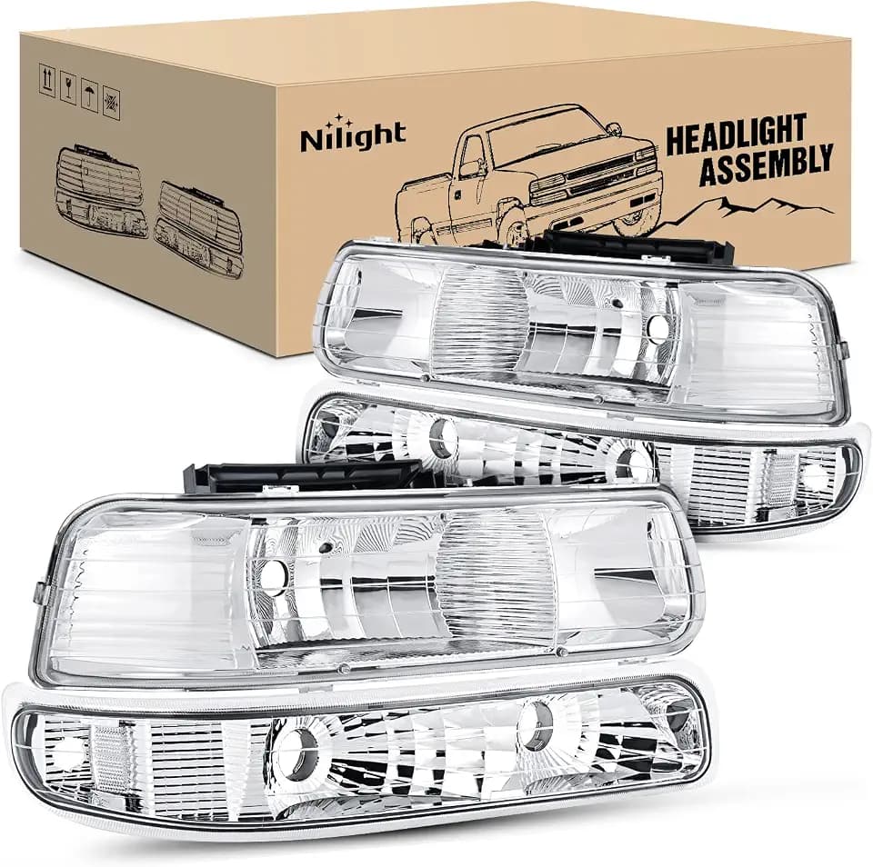 Nilight Headlight Assembly for 1999 2000 2001 2002 Chevy Silverado 1500 1500HD 2500 2500HD 3500 Chevrolet Tahoe Suburban Replacement Headlamp Housing Bumper Lights Set