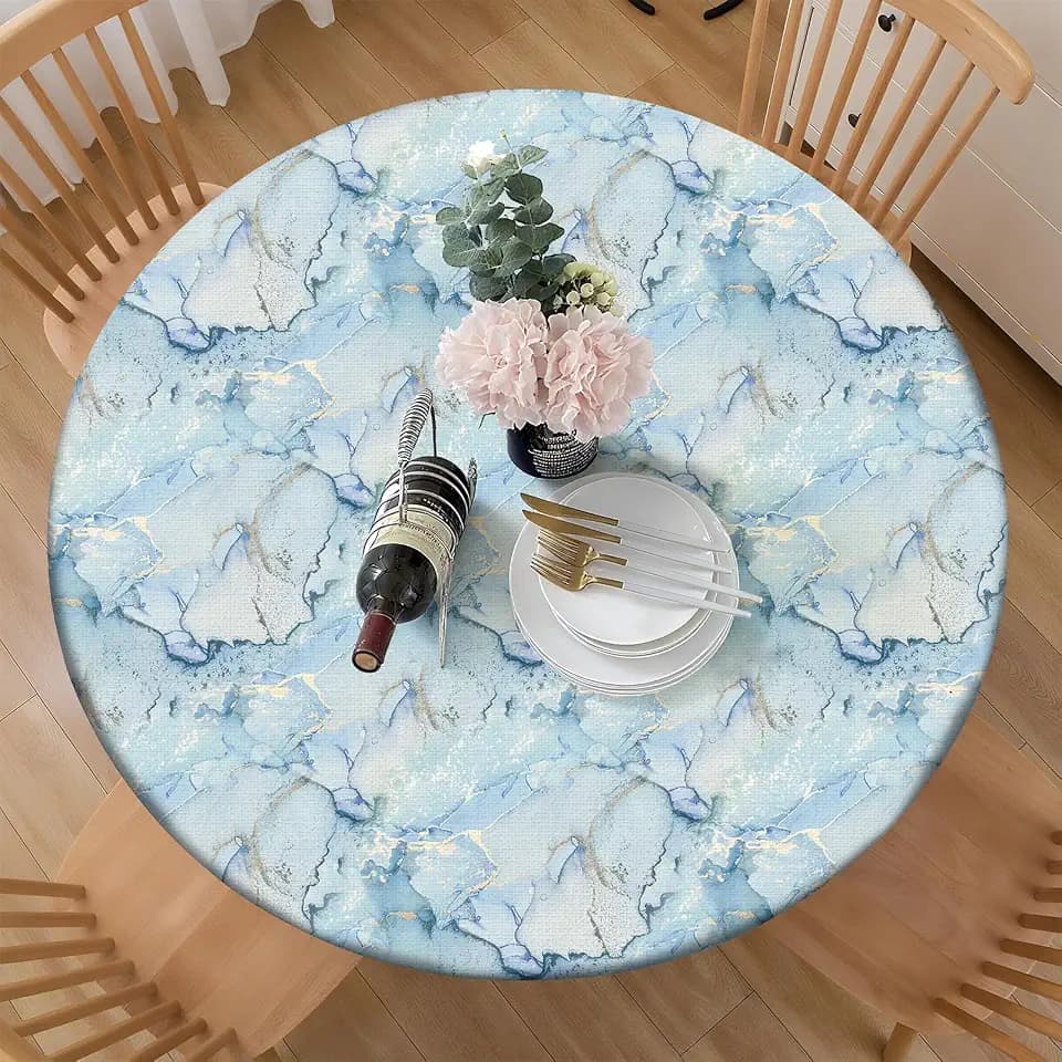 Polyester Fabric Round Table Cover,Blue Marble Watercolor Turquoise Gold Abstract Art Tablecloths, Washable for Kitchen Dining Outdoor Party Picnic Wedding Banquet 45"-56"