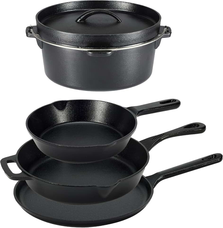 Amazon Basics - 5-teiliges Kochgeschirr-Set aus bereits eingebranntem Gusseisen, 14.17 x 12.2 x 10.63 in, Schwarz