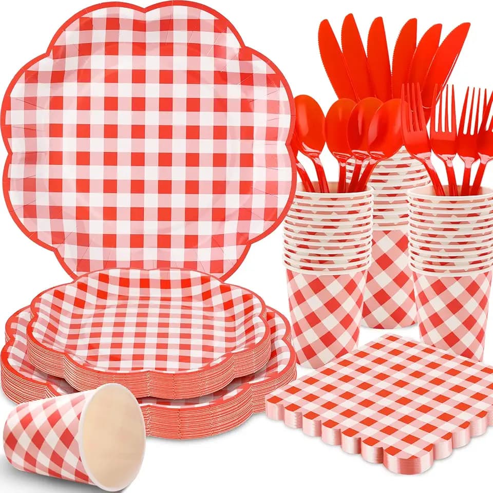 175 Pcs Red Gingham Plates and Napkins Party Supplies - Red and White Checkered Plates Sets Serve 25 Guests - Scalloped Gingham Paper Plate for Birthday Picnic Party Decorations