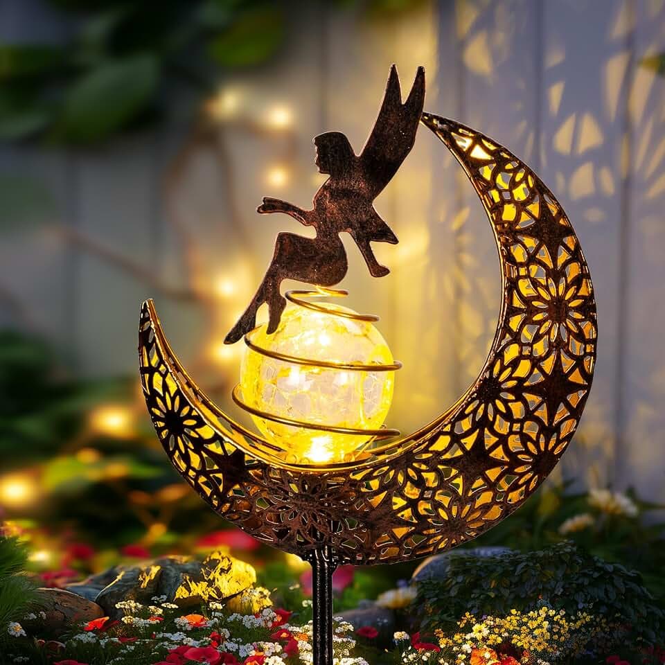 GIGALUMI Solarlampen für außen, 1 Stück Fairy Moon Garten Deko Solarleuchten Garten Wasserdicht, Blumenfee Wasserdichte Solarleuchte Außendekorationen für Hof, Weg, Terrasse