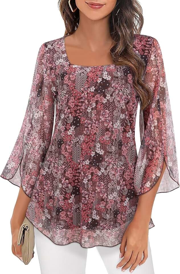 Syphiby Damen-Blusen mit Rüschen, 3/4-Ärmel, Tunika, Tops, locker, fließend, quadratischer Ausschnitt, Chiffon, doppellagig, Netzhemden, M-3XL
