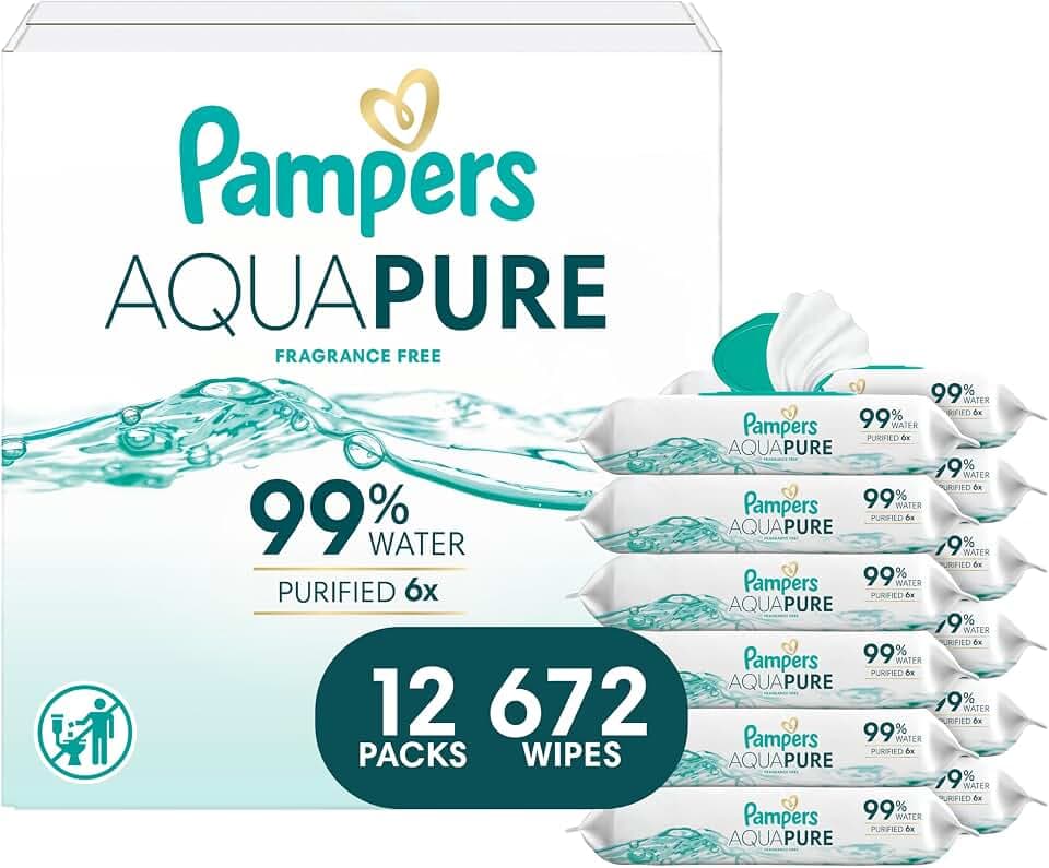 Pampers Aqua Pure Baby Wipes, Unscented, Fragrance Free, 99% Water, Water Based, Multi-Use, 672 Wipes Total (12X Flip-Top Packs)