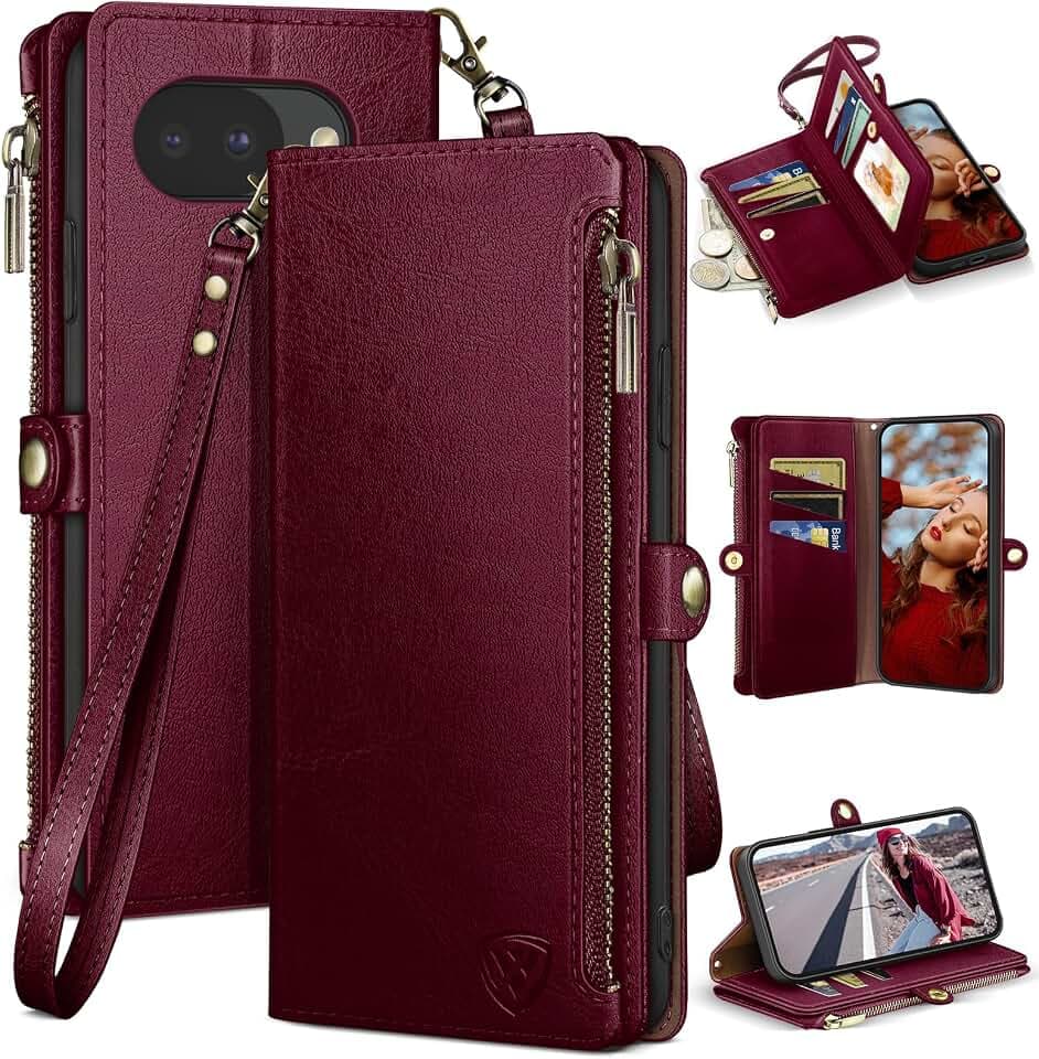 XcaseBar Compatible with ‌Google Pixel 10A Wallet case with Zipper Credit Card Holder【RFID Blocking】,Flip Folio Book PU Leather Phone case Shockproof Cover Women Men for Pixel 10A case Wine Red