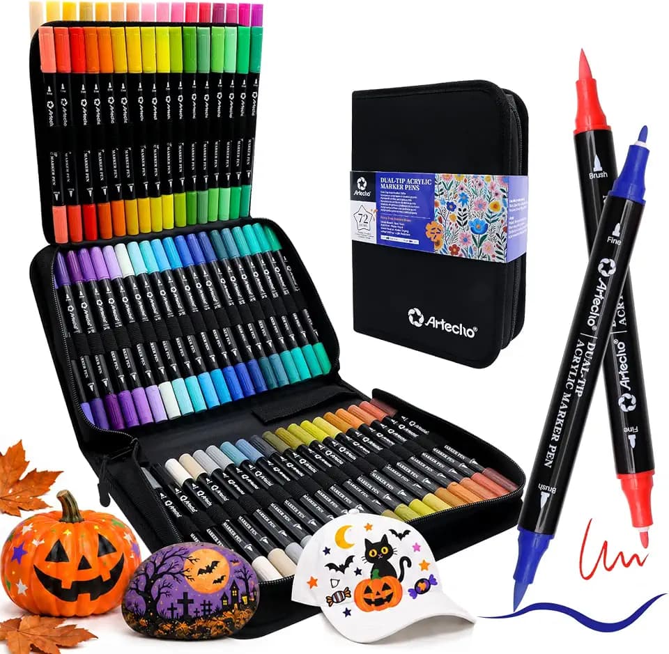 Artecho Acrylic Paint Markers 72 Colors with Bag（ Brush Tip and Fine Tip ）