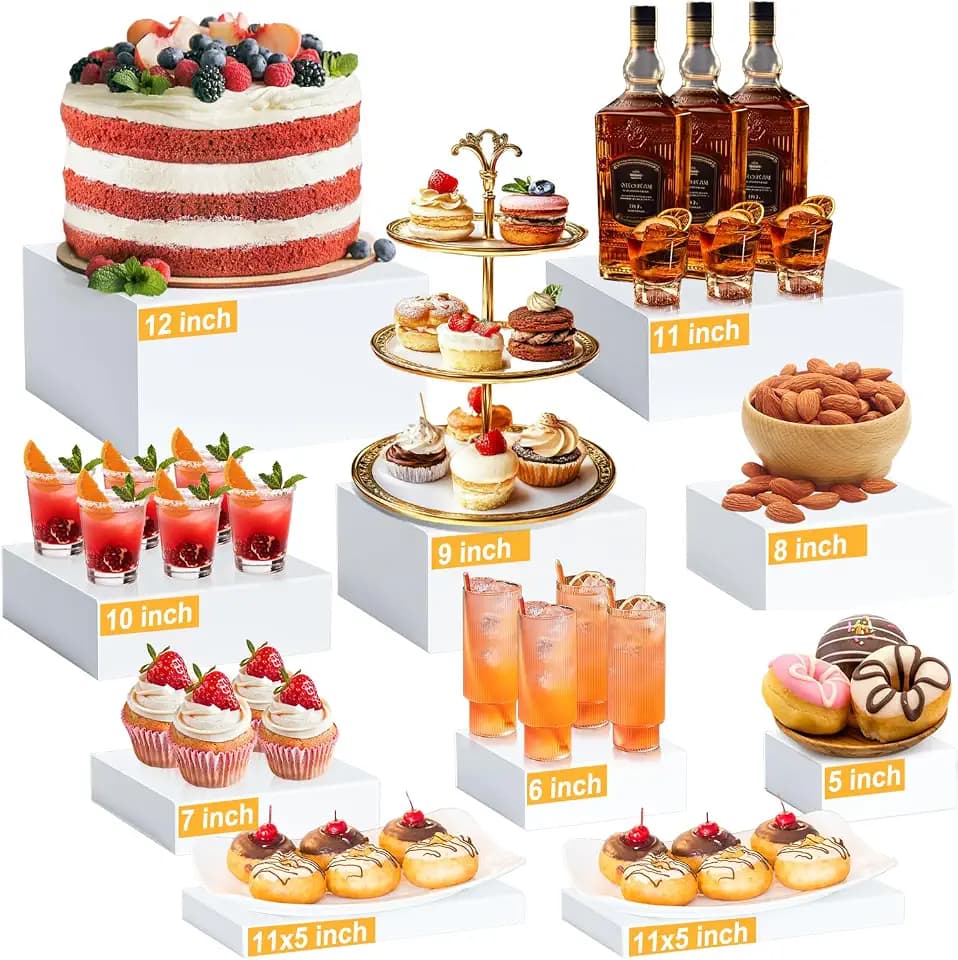 10 Pcs Large Acrylic Buffet Risers, White Food Display Stands for Buffet, Dessert Table, Jewelry, and Catering, Stackable Food Risers with Hollow Bottoms, Nesting Cube Box (12"-11"-10"-9"-8"-7"-6"-5")