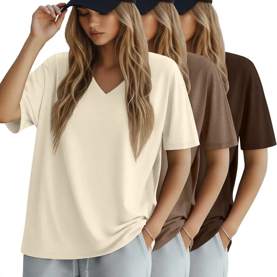 Huukeay 3 Pack Women's Oversized Cotton Shirts V Neck Summer Top