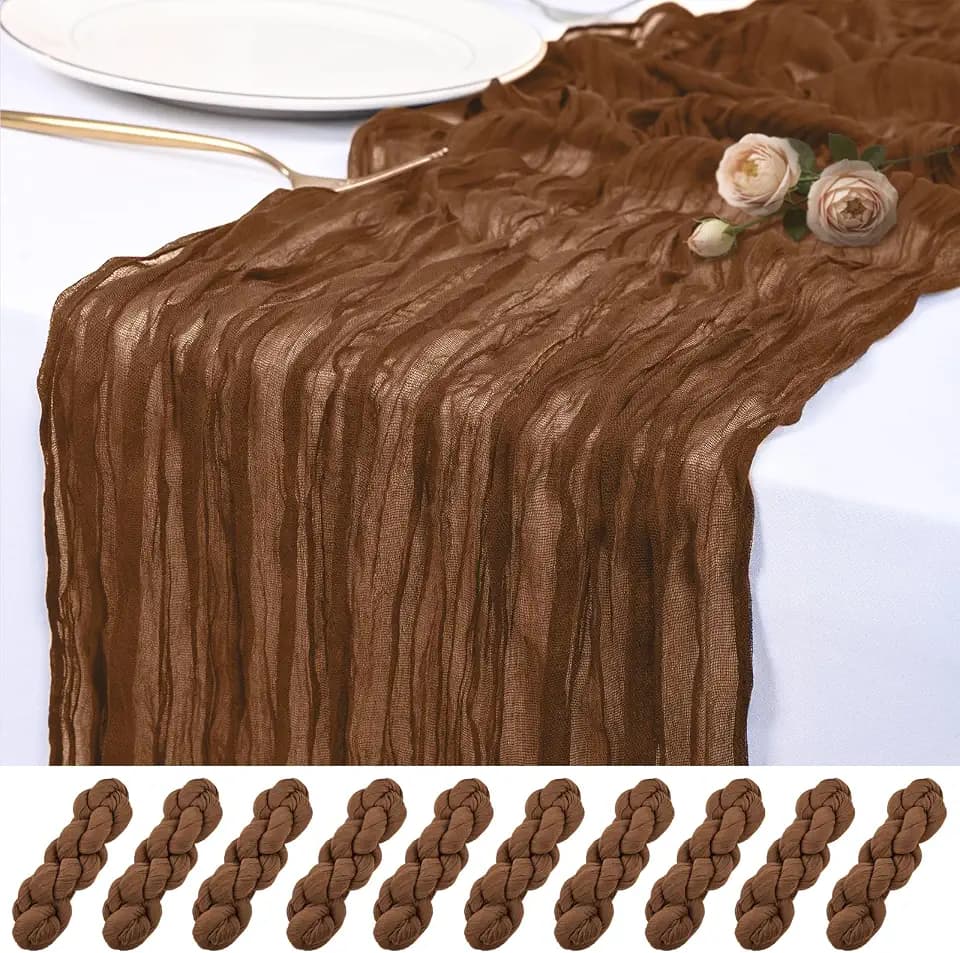 10 Pack Brown Cheesecloth Table Runner 17x108 Inch Semi Sheer Boho Rustic Gauze Cheese Cloth Table Runners for Wedding Party Birthday Baby Shower Home Décor