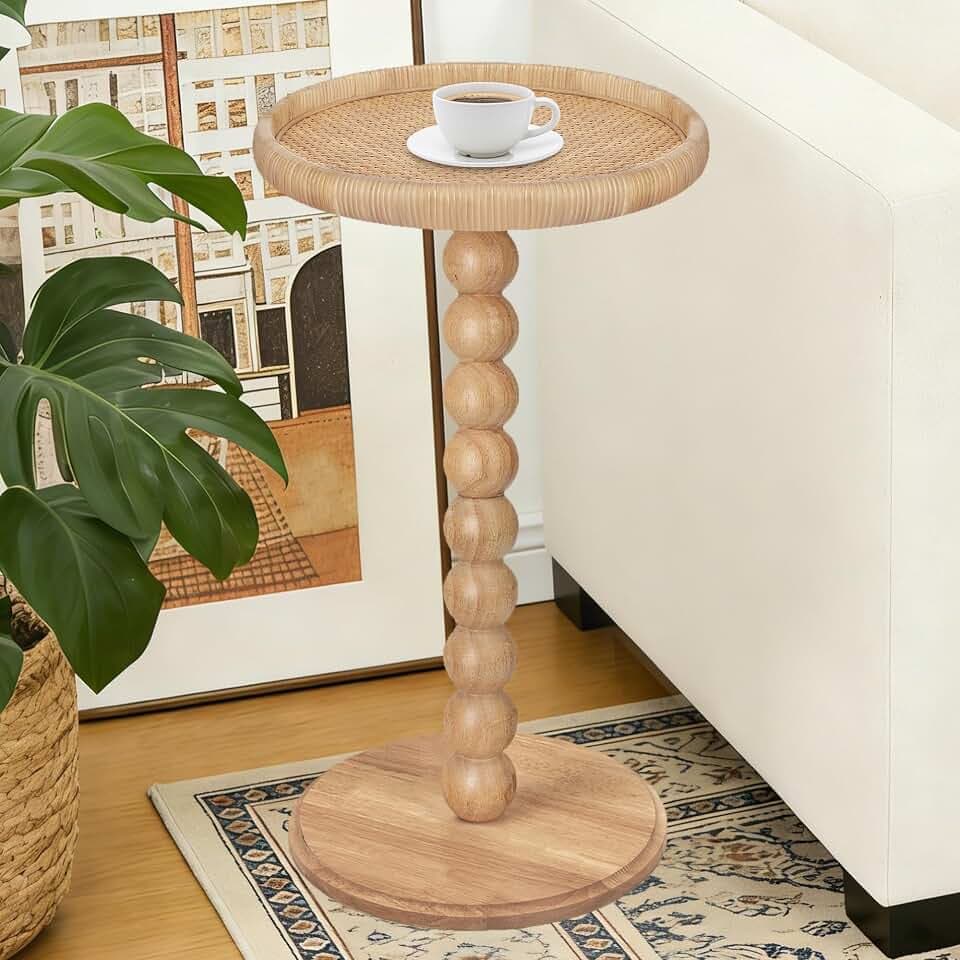 Drink Table, Boho Rattan Small Round Side Table for Small Spaces, Solid Wood Circle End Table for Living Room, Pedestal Table for Couch, Bedroom, Corners, Natural