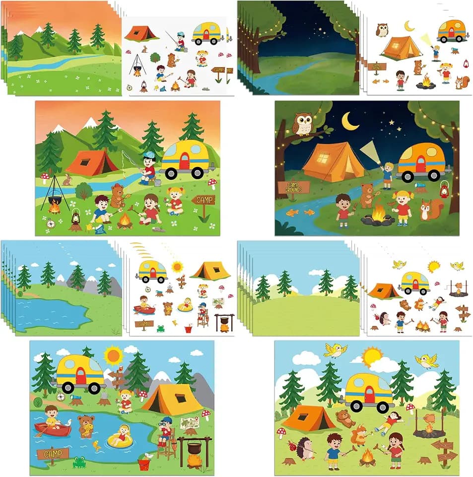 Eaasty 48 Set Summer Camp Sticker Scenes 4 Different Summer Camping Crafts Kit DIY Sticker Scene Multicolor Educational and Learning Activities for Vacation Bible School VBS DIY Craft Party Activities
