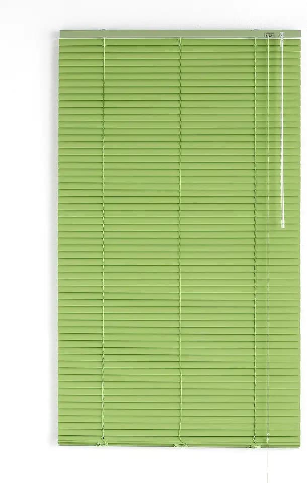 Jalousie aus Aluminium, Maße: 90 x 250 cm, mit Lamellenlänge 25 mm, höhenverstellbar und öffnbar, Kindersicherung, feuchtigkeitsbeständig – Venezianisches Aluminium, Farbe: Pistazie