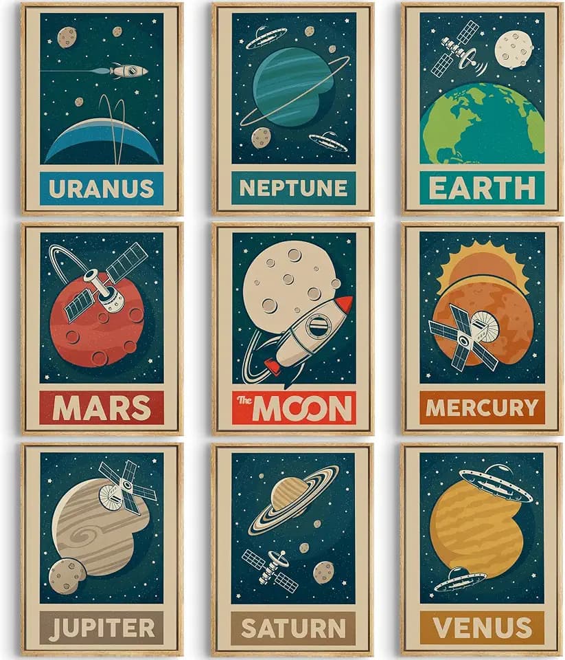 9pcs Retro Solar System Wall Art Nursery Space Pictures Retrospace Galaxy Wall Decor Outer Space Paintings Prints Sci-Fi Planet Posters for Boys Girls Kids Bedroom Living 12x16in Unframed