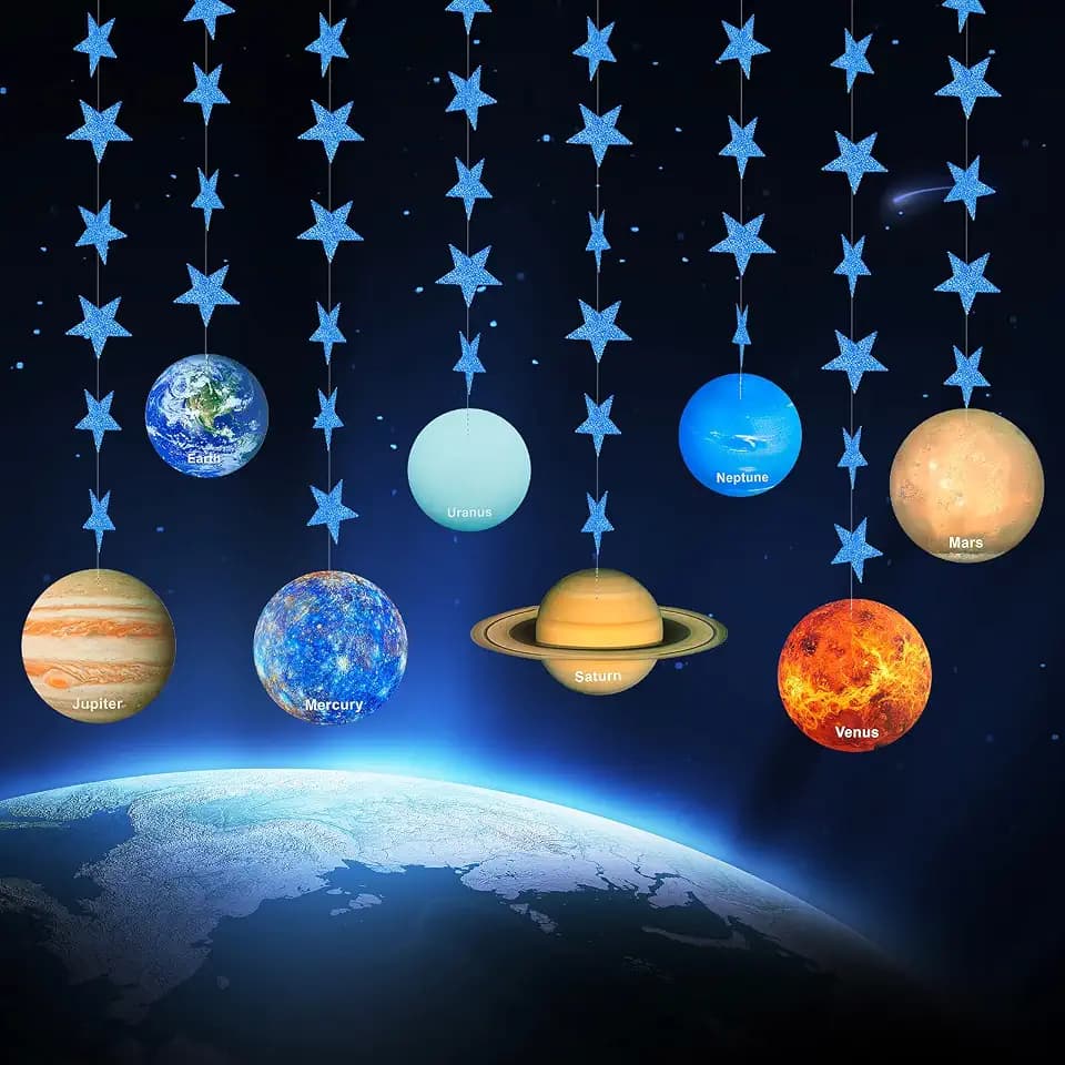 Solar System Decoration Banner, Eight Planet Garland with Blue Shimmer Star