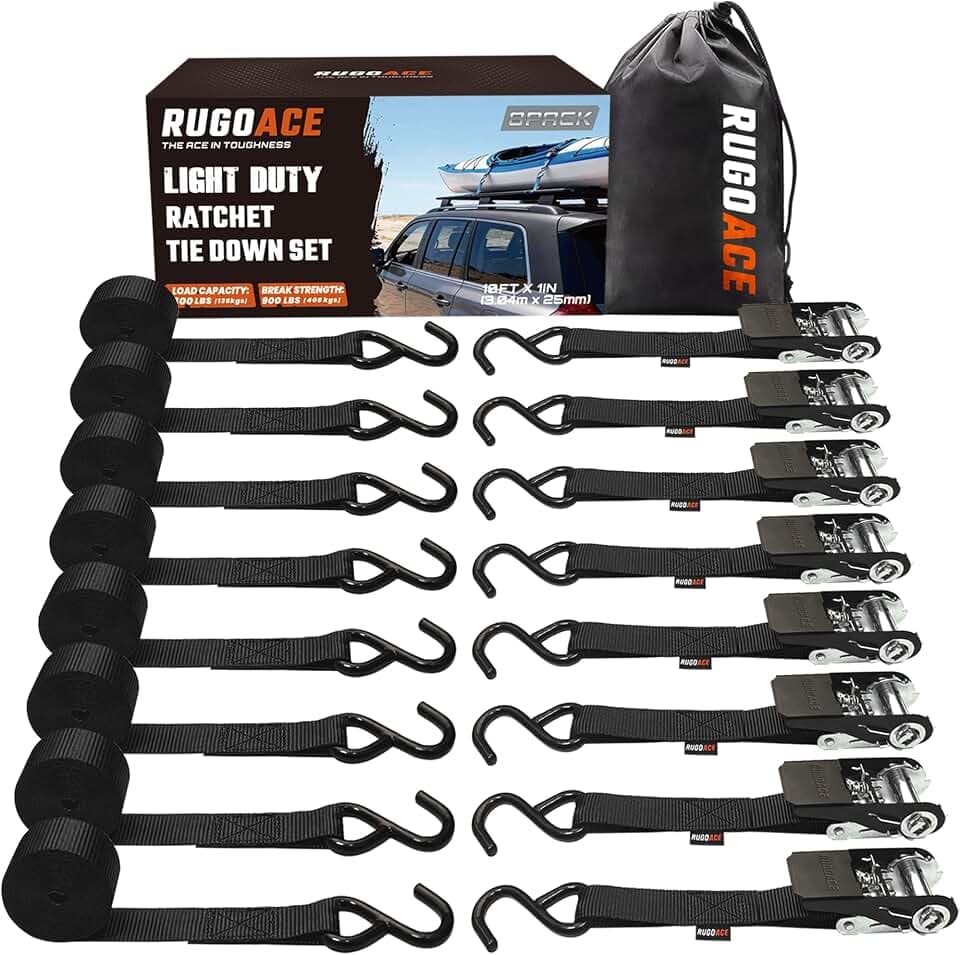 Ratchet Tie Down Straps 1in x 10ft 900 lbs Break Strength 8PK Black RUGOACE