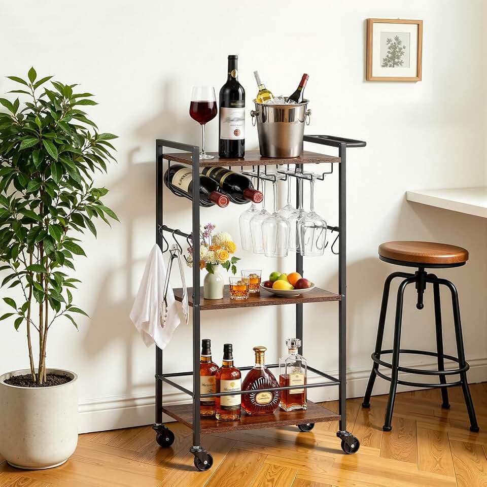 VEVOR Bar Cart with Wheels, Small Narrow 3-Tier Rolling Serving Cart, 20.08-Inch Beverage Station with Wine Rack, Glass Holder and S Hooks for Small Spaces, Rustic Brown and Black