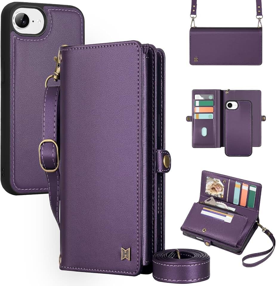 for Wallet Case Compatible with iPhone 16e / 17e ,Multi-Function Detachable 2 in 1 Magnetic iPhone 16e / 17e Case Wallet,Flip Strap Zipper Card Holder Phone Case with Shoulder Straps (Pruple)