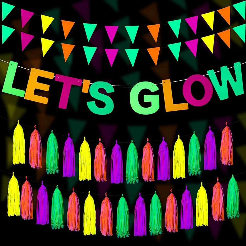 Outus Neon Glow Party Supplies, Let's Glow Banner, 20 Pcs Birthday Decor