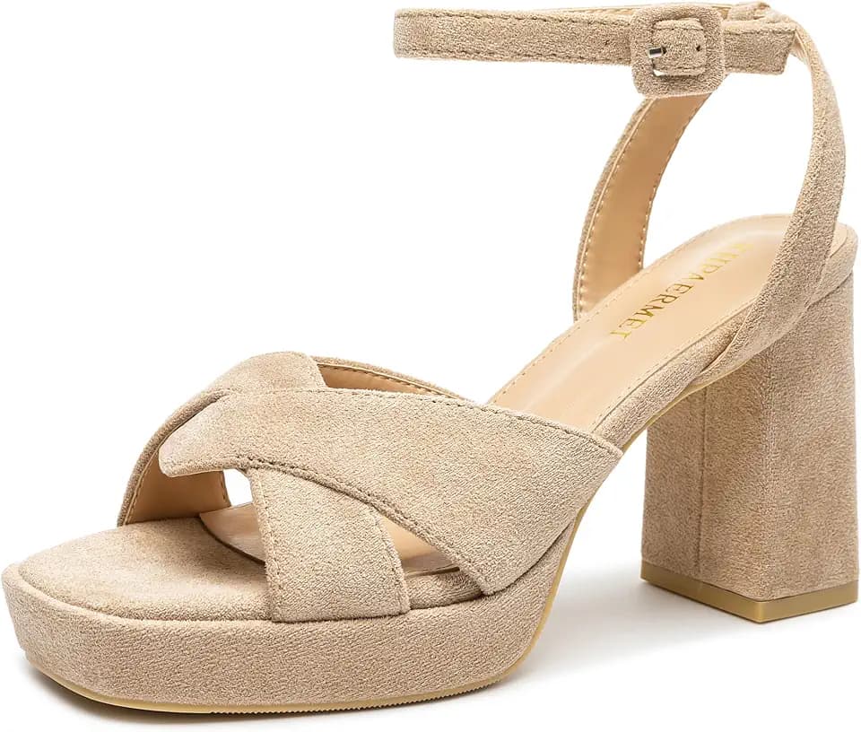 KHPAERMEI Chunky Platform Heels for Women 3.54 Inches Heeled Sandals Comfy Suede Open Toe Ankle Strap Dress High Heels Prom Wedding