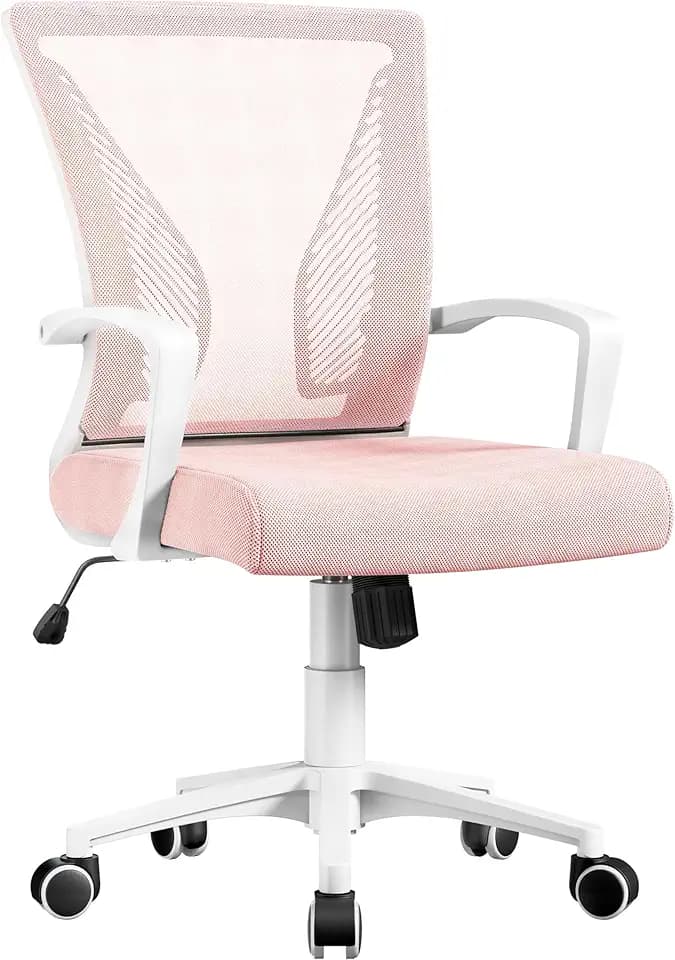 Yaheetech Bürostuhl, ergonomisch, Lendenwirbelsäule, aus atmungsaktivem Netzstoff, neigbar, höhenverstellbar, drehbar mit Armlehnen und Rollen, Tragkraft 136 kg, Rosa