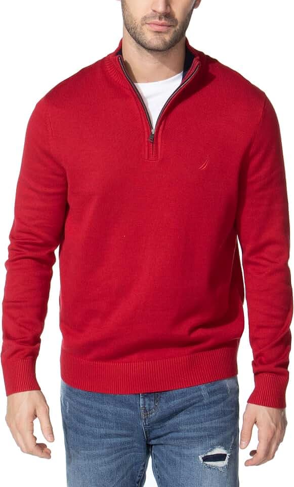 Nautica Herren Men's Quarter-Zip Sweater Pullover, Nautisches Rot, Groß