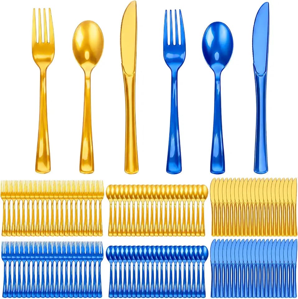 Minatee 180 Pcs Blue and Gold Plastic Silverware Heavy Duty Cutlery Sets Disposable Utensils for Holiday Birthday Themed Party Supplies, 60 of Each Forks Knives Spoons