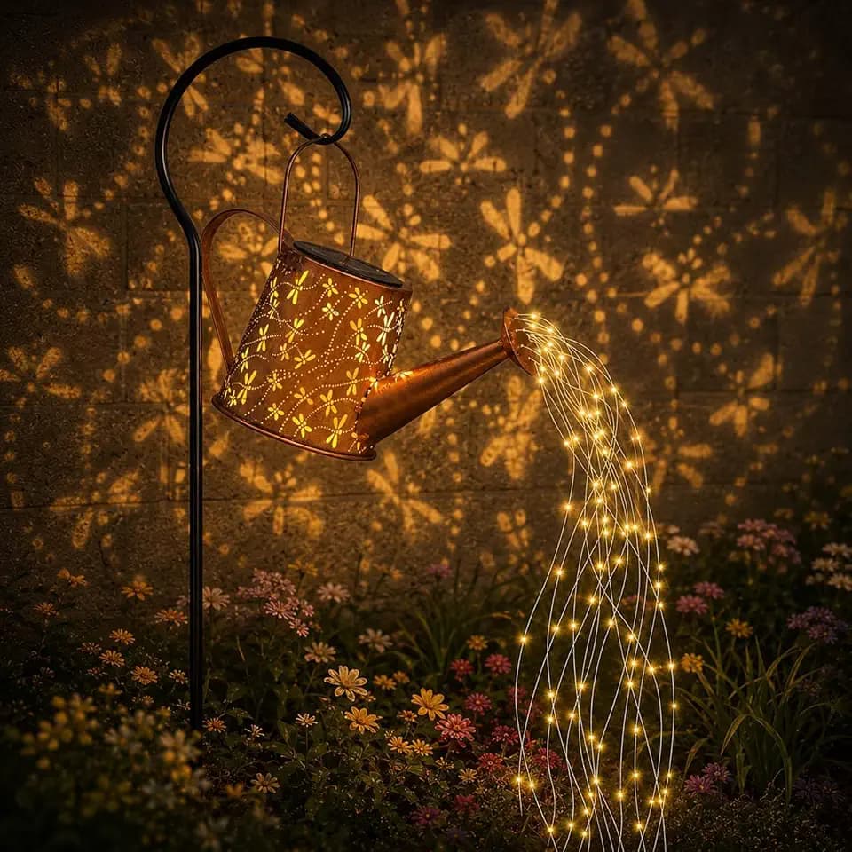 Solar Watering Can Lantern, Large Size, Dragonfly Design, LED String Lights
