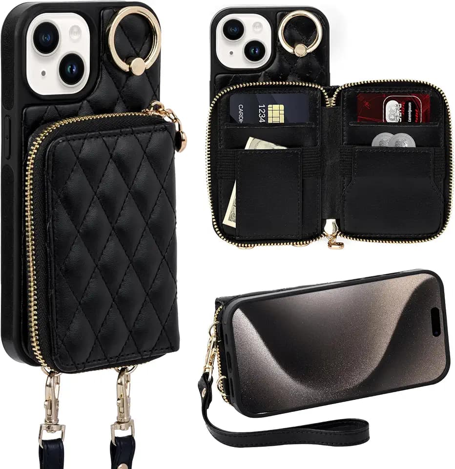 Case for iPhone 15 6.1'' Wallet Case, Crossbody Zipper Purse with Wrist Strap Lanyard Handbag for Women, RFID Blocking Card Holders, 360° Ring Kickstand Flip Leather Cover for iPhone 15, Black