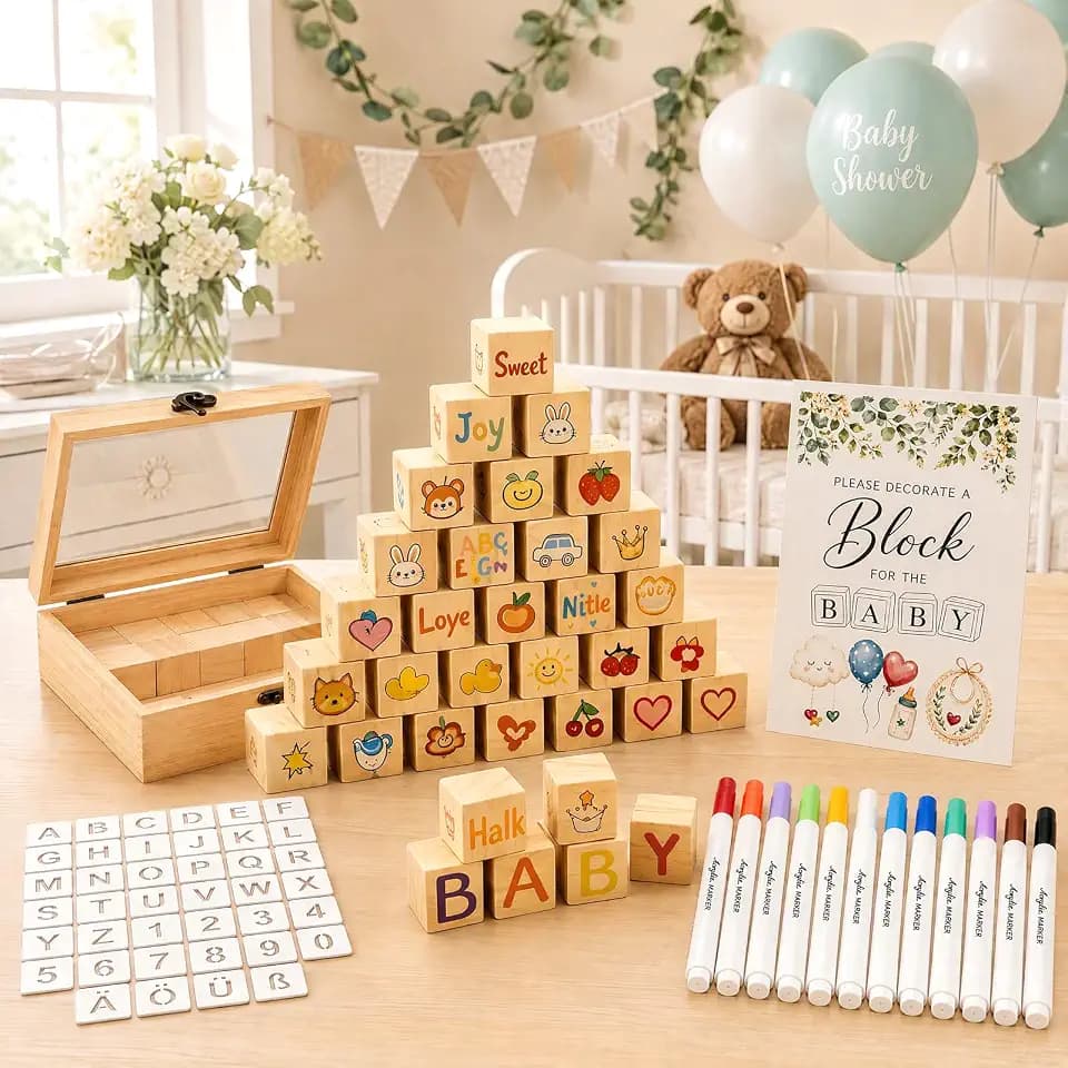 Babyparty Spiele Set 102 Stück, Bauklötze Bemalen Babyparty