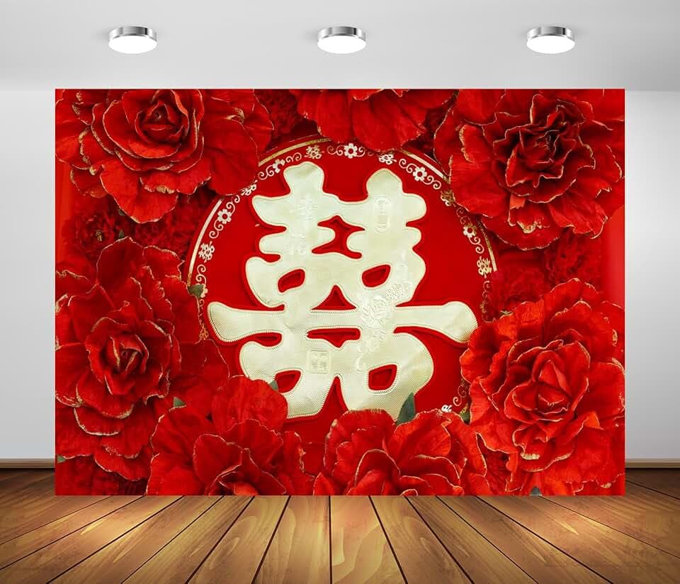 BELECO 7x5ft Fabric Chinese Wedding Backdrop Red Floral Chinese Style Wedding with Double Happiness Background Asian Theme Wedding Party Photo Studio Props