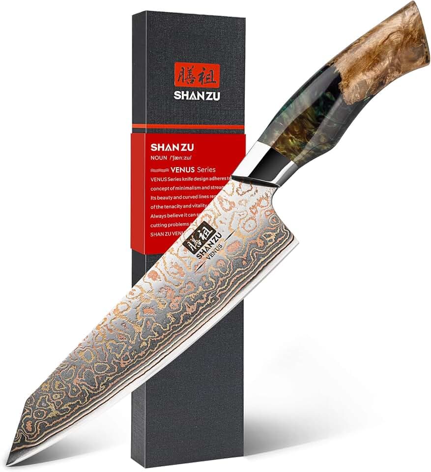 SHAN ZU Japanisches Kochmesser 20cm Damaststahl und Kupfer, Damastmesser