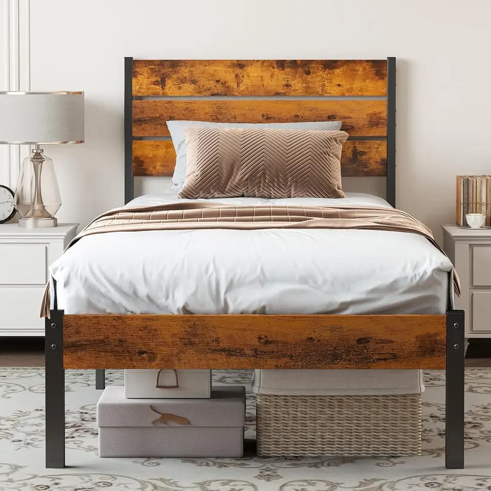 Sweetcrispy Twin Size Metal Platform Bed Frame - Mattress Foundation with Headboard and and Footboard, No Box Spring Needed with 500LBS Sturdy Wooden Slats Support, Noise Free, Easy Assembly