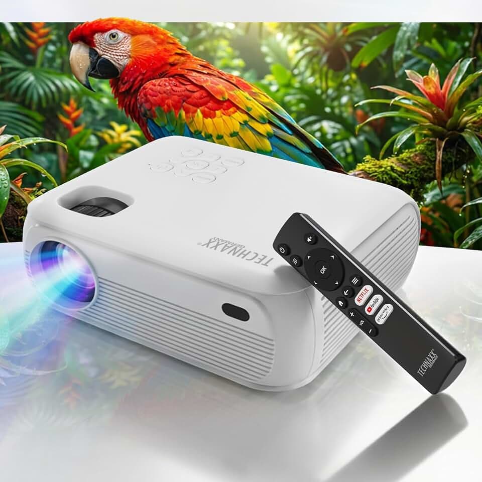 Technaxx Beamer TX-332 – Native 1080P Full HD Projektor mit offizieller Netflix Lizenz – 120" Bild – 200 ANSI Lumen – WLAN & Bluetooth – HDMI USB – Lautsprecher – LED 30.000h – Mini Smart-Projektor